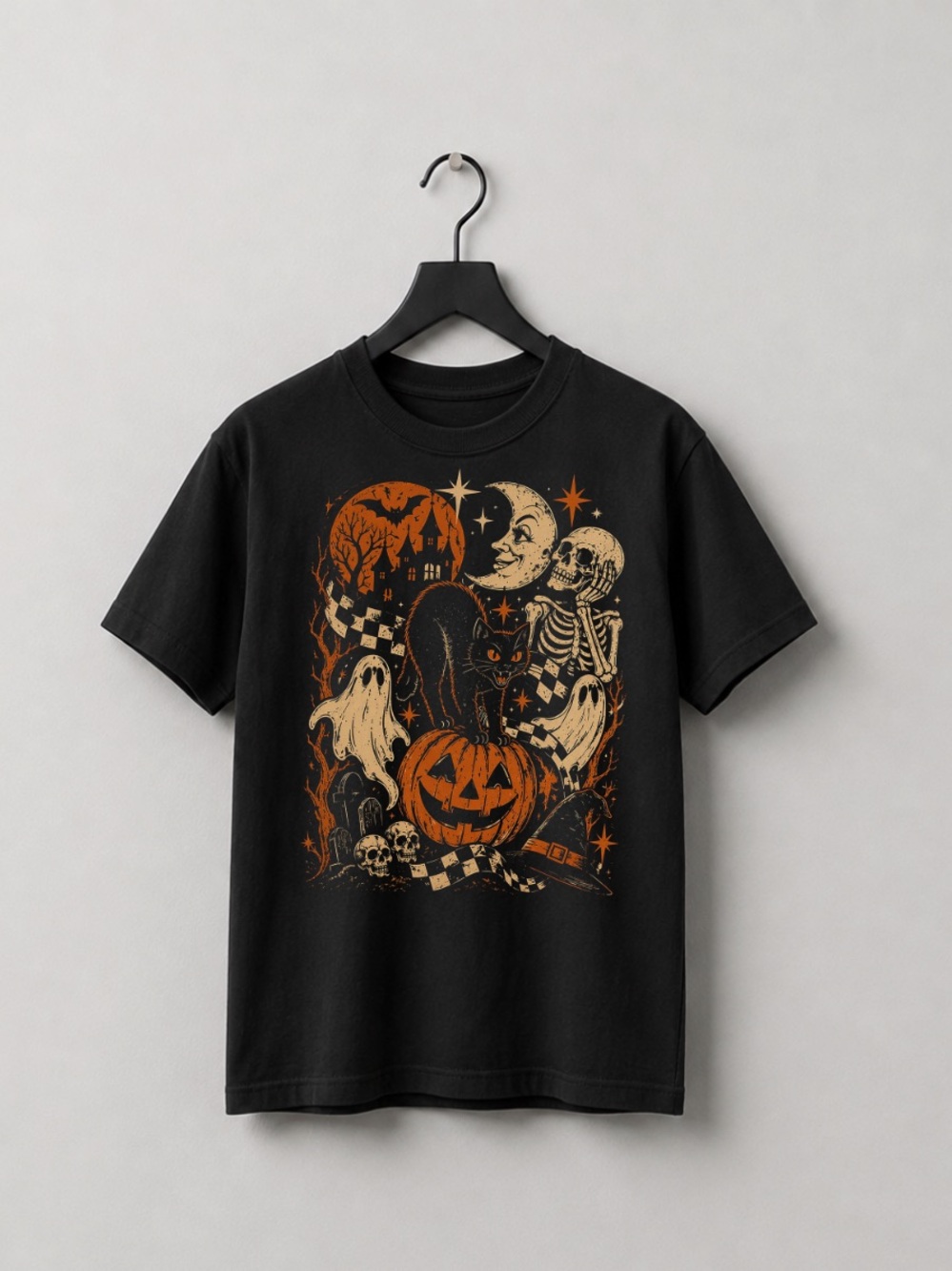 Black Halloween Tee with Orange and Cream Graphic